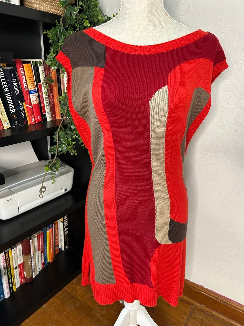 DKNY Jeans Womens S Red Brown Abstract Colorblock Knit Sweater Dress Tunic